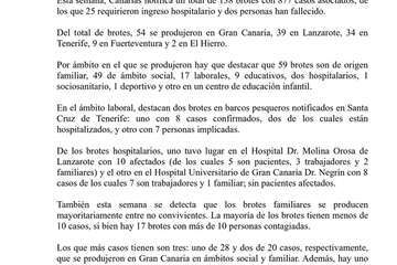 Comunicado oficial sobre los casos diarios y los brotes de la última semana de Covid-19 en Canarias/TA.